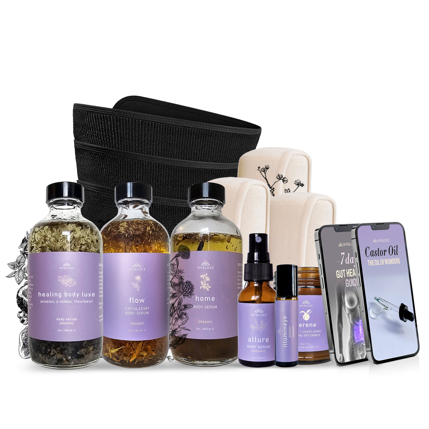 Hormone Healing, Fat Loss and Gut Treatment Complete Bundle with HOME Castor Oil Serum, FLOW Body Serum, Mg Herbal Serum and ILLUMINEYE Roll on