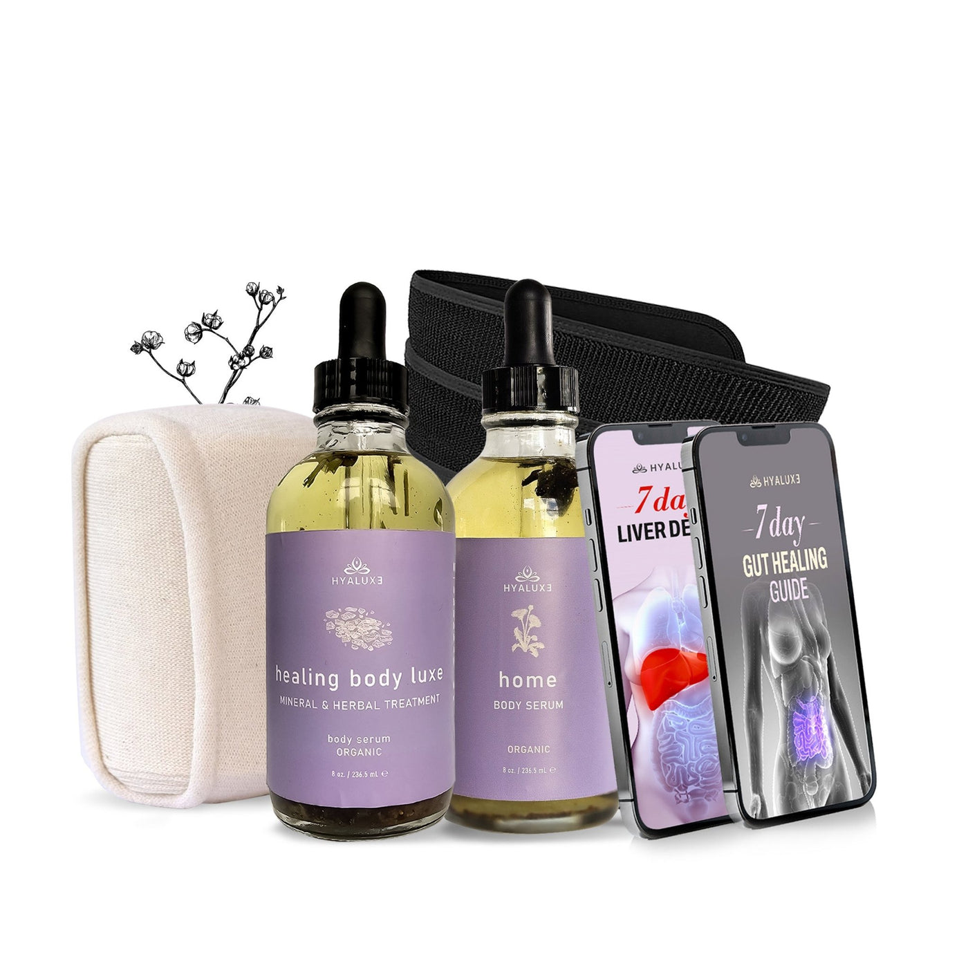 Fat Loss and Gut Healing Complete Bundle with HOME Castor Oil Serum, Mg Herbal Serum and Benefit Enhancement Wraps - Hyaluxe Body