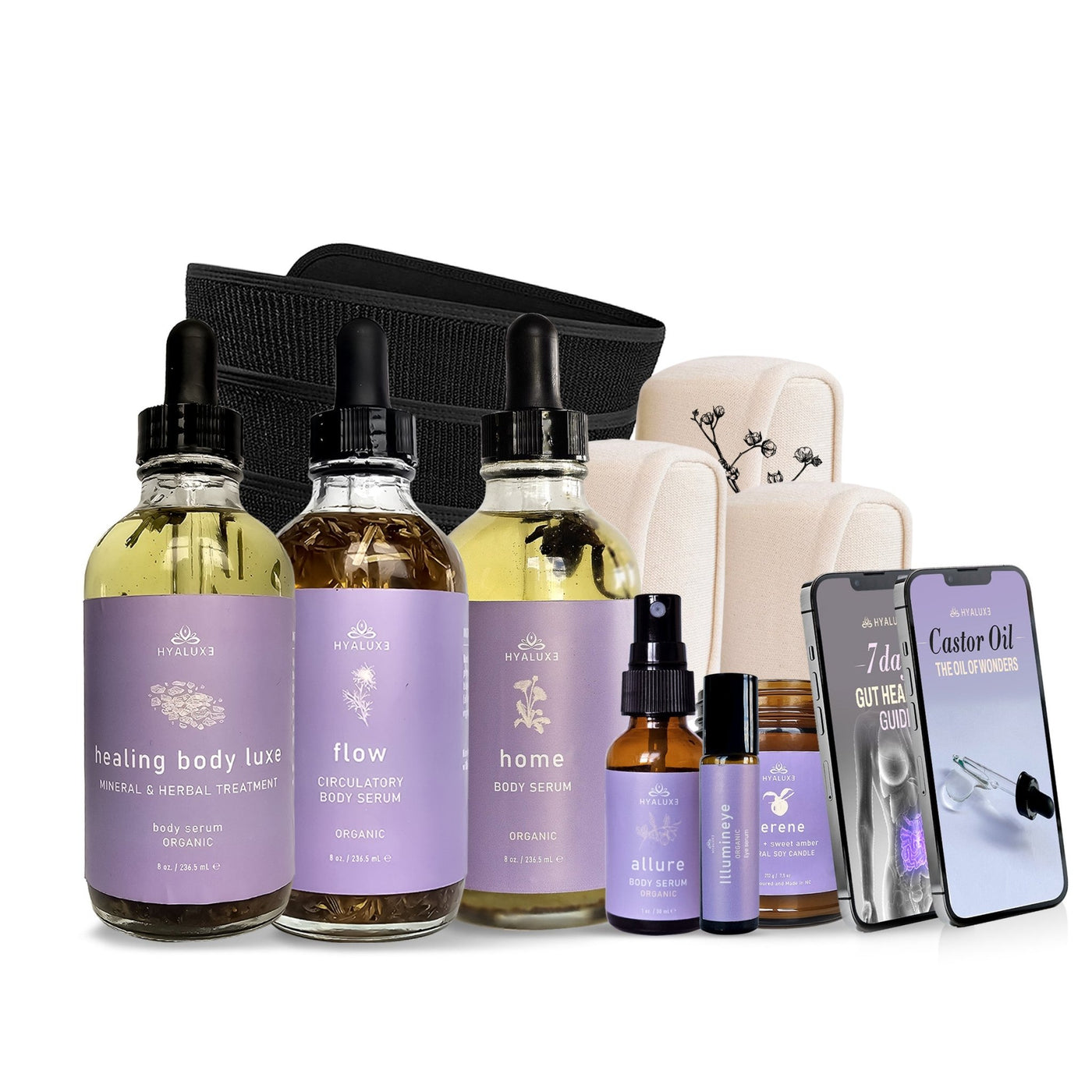 Hormone Healing, Fat Loss and Gut Treatment Complete Bundle with HOME Castor Oil Serum, FLOW Body Serum, Mg Herbal Serum and ILLUMINEYE Roll on - Hyaluxe Body