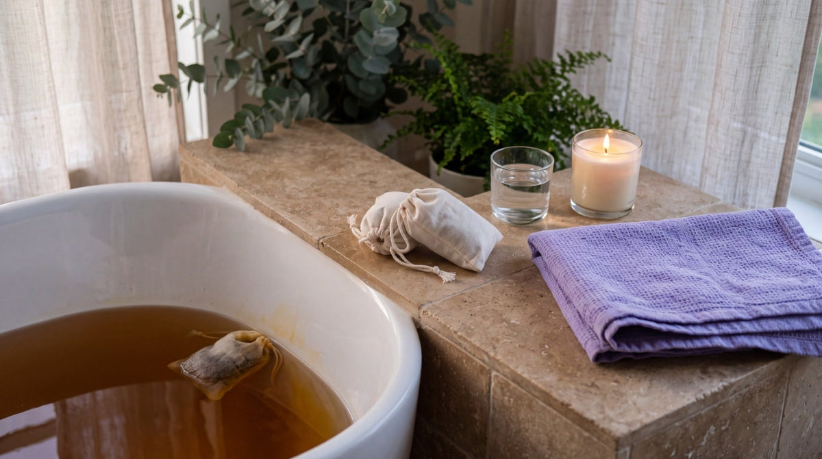 Hyaluxe Detoxification Bath Pods steeping in an amber bath beside a folded lavender towel and a candle