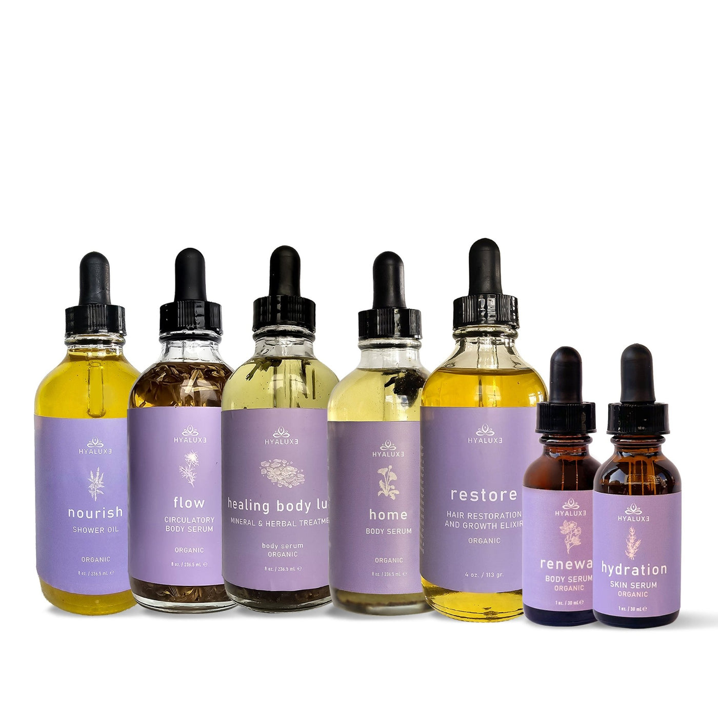 Cortisol, Hormone, and Lymphatic support bundle with NOURISH shower elixir, FLOW circulatory serum, LUXE Mg, HOME Gut and Liver, RESTORE hair, RENEWAL scar/stretchmark and HYDRATION skin perfecting serum - Hyaluxe Body