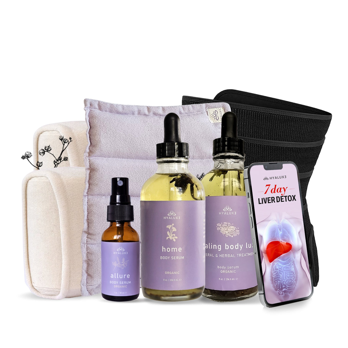 Fat Loss and Gut Healing Complete Bundle with HOME Castor Oil Serum, Mg Herbal Serum, Heating Pad and Benefit Enhancement Wraps - Hyaluxe Body