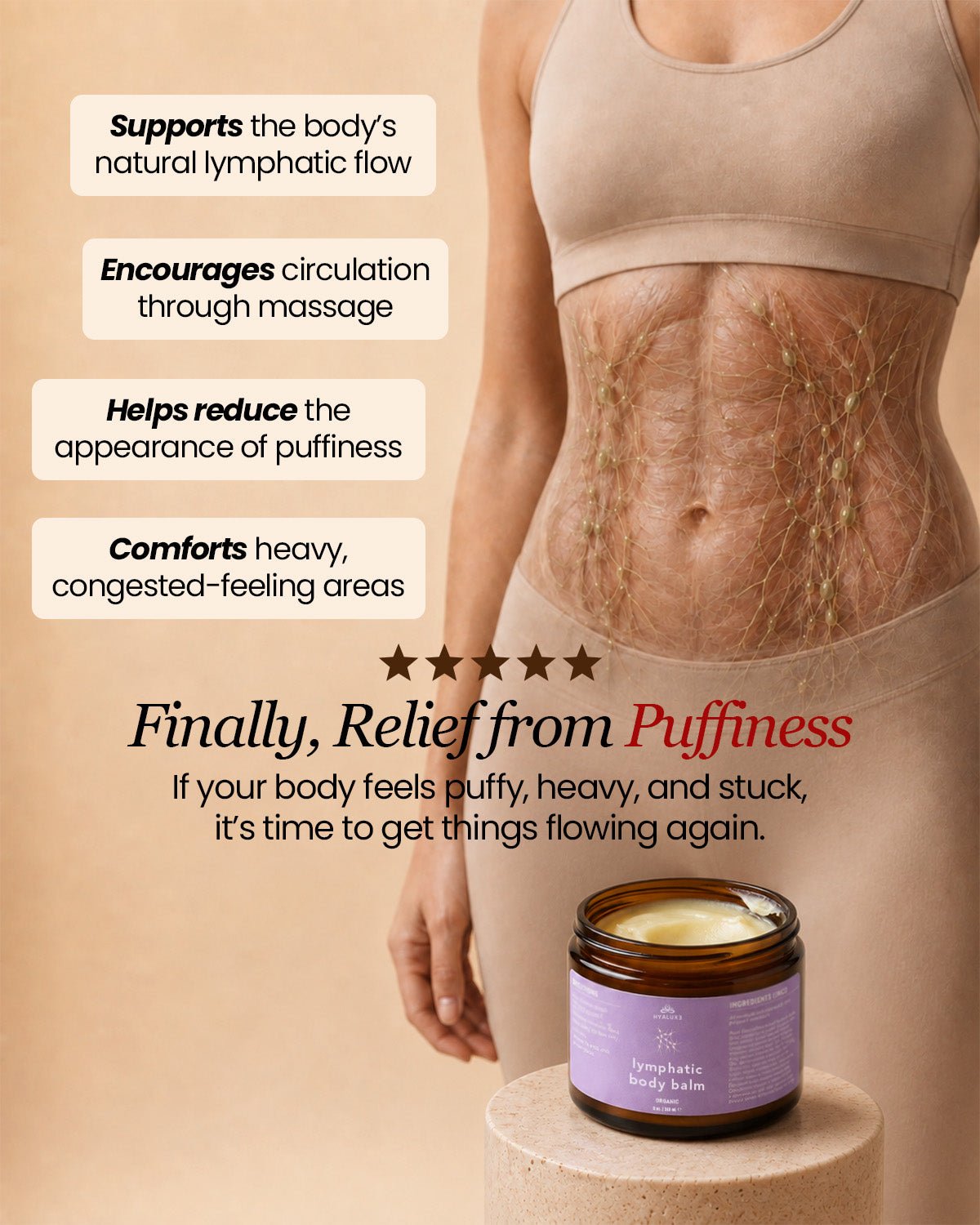 Lymphatic Drainage Body Balm | Circulation, Puffiness and Lymphatic Support - Hyaluxe Body
