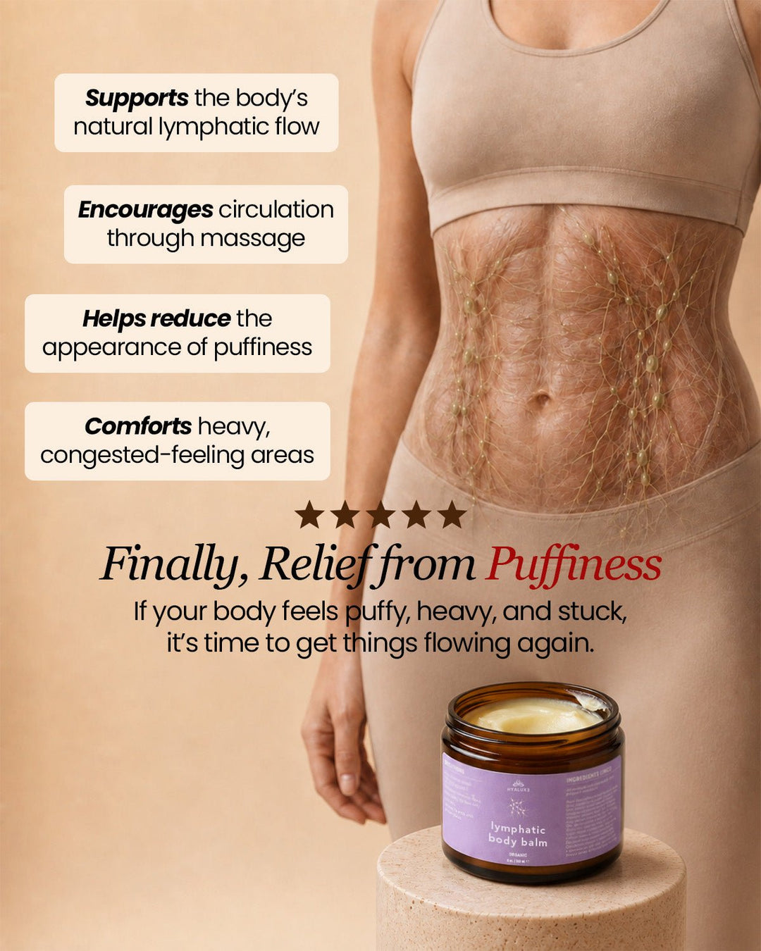 Lymphatic Drainage Body Balm | Circulation, Puffiness and Lymphatic Support - Hyaluxe Body