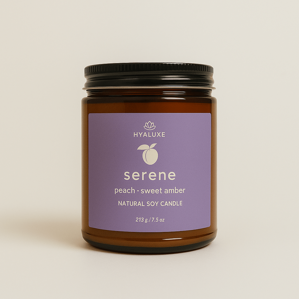 Serene Peach & Amber Natural Soy Candle - Hyaluxe Body