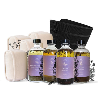 Complete Body Treatment Bundle: (With HOME castor oil serum, RADIANT deep skin serum, FEEL Mind Serum, MG LUXE serum with Benefit Enhancement Wraps) - Hyaluxe Body
