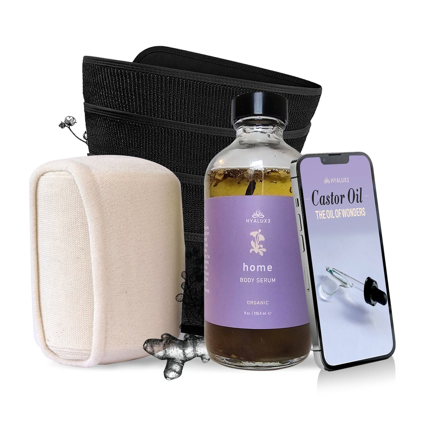 HOME Bundle With Wrap: Infused Castor Oil Serum for Digestive and Lymphatic Health - Hyaluxe Body